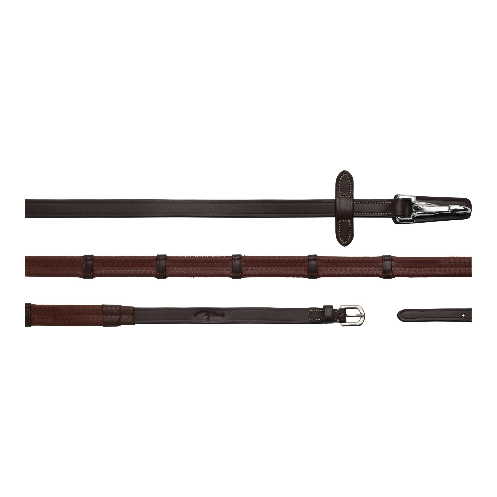 Rênes en caoutchouc 5/8 avec passants en cuir et mousqueton