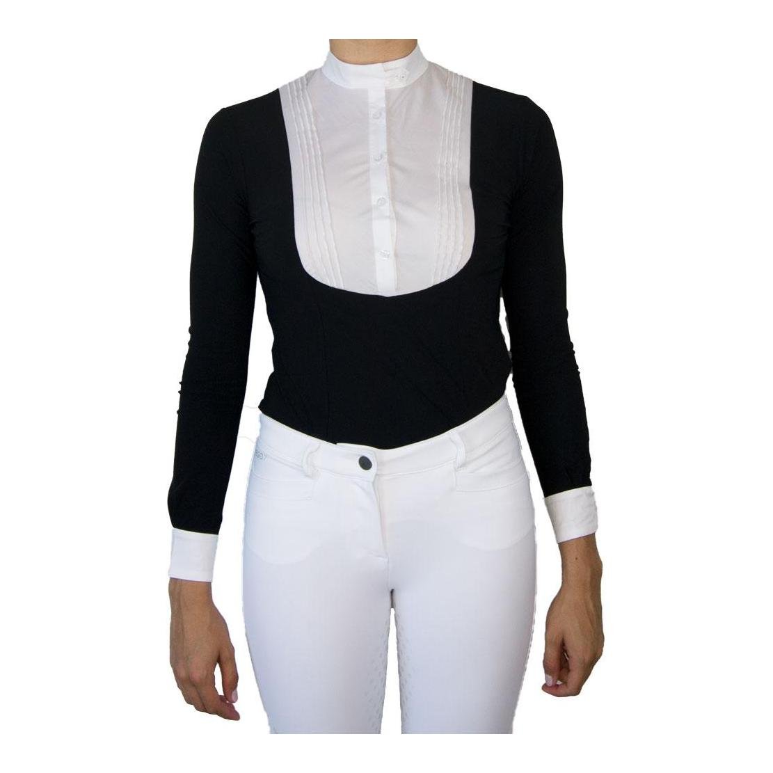 Turniershirt Langarm Bavero Damen - schwarz/weiss