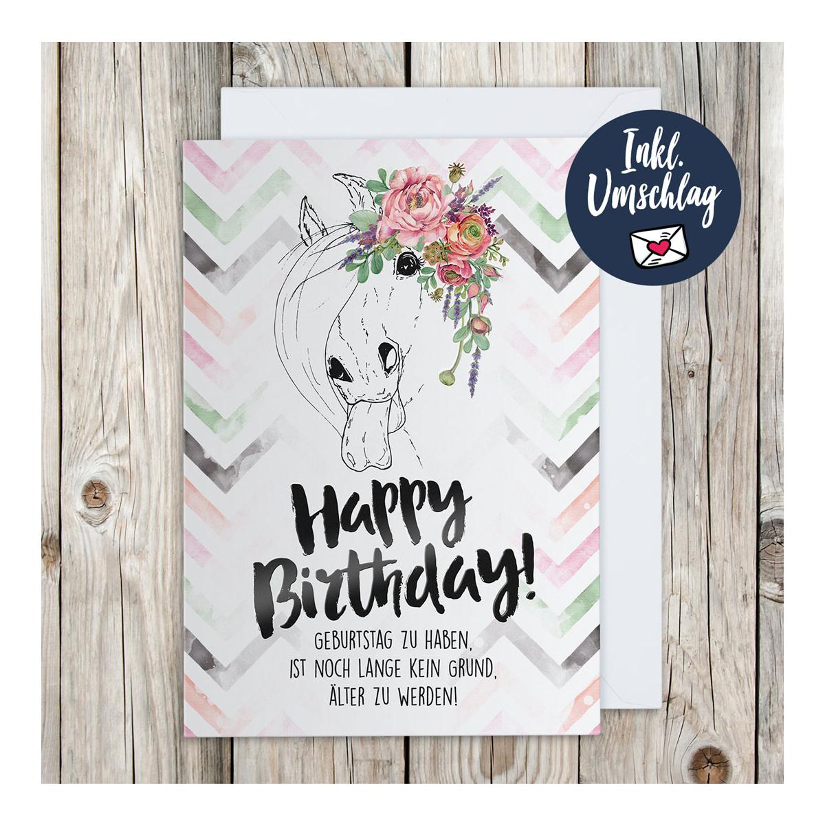 Soulhorse Grusskarte "Happy Birthday" (naughty pony) - Weiss/Schwarz/Rosa/Grün -